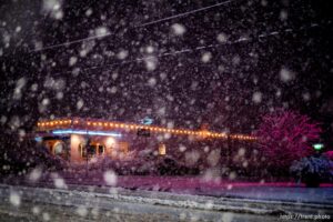 (Trent Nelson  |  The Salt Lake Tribune) Snow falls on Finn's Cafe in Salt Lake City on Saturday, March 5, 2022.