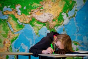 (Trent Nelson  |  The Salt Lake Tribune) Brady Eckrote highlighting notes during a debate session at Rowland Hall school in Salt Lake City on Thursday, March 10, 2022.