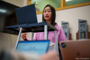 (Trent Nelson  |  The Salt Lake Tribune) Marina Peng does a practice speech at a debate practice at Rowland Hall school in Salt Lake City on Thursday, March 10, 2022.