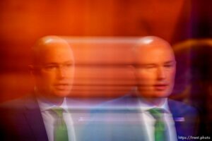 (Trent Nelson  |  The Salt Lake Tribune) Gov. Spencer Cox speaks at his monthly news conference in Salt Lake City on Thursday, March 17, 2022.