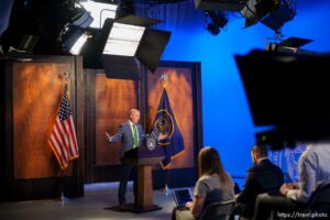 (Trent Nelson  |  The Salt Lake Tribune) Gov. Spencer Cox speaks at his monthly news conference in Salt Lake City on Thursday, March 17, 2022.