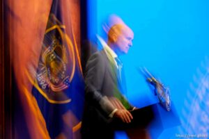 (Trent Nelson  |  The Salt Lake Tribune) Gov. Spencer Cox speaks at his monthly news conference in Salt Lake City on Thursday, March 17, 2022.