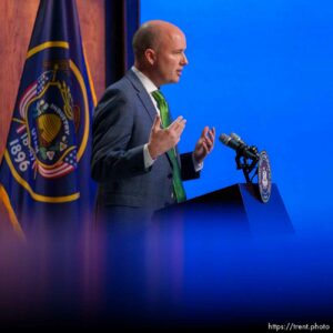 (Trent Nelson  |  The Salt Lake Tribune) Gov. Spencer Cox speaks at his monthly news conference in Salt Lake City on Thursday, March 17, 2022.