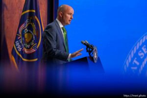 (Trent Nelson  |  The Salt Lake Tribune) Gov. Spencer Cox speaks at his monthly news conference in Salt Lake City on Thursday, March 17, 2022.