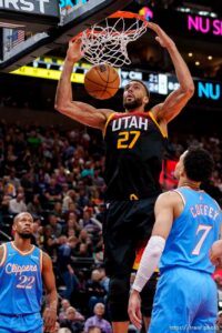 (Trent Nelson  |  The Salt Lake Tribune) Utah Jazz center Rudy Gobert (27) as the Utah Jazz host the Los Angeles Clippers, NBA basketball in Salt Lake City on Friday, March 18, 2022.