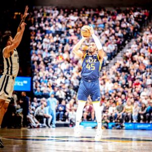 (Trent Nelson  |  The Salt Lake Tribune) Utah Jazz guard Donovan Mitchell (45) as the Utah Jazz host the Memphis Grizzlies, NBA basketball in Salt Lake City on Tuesday, April 5, 2022.