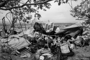 (Trent Nelson  |  The Salt Lake Tribune) The remains of a camp east of Victory Road in the foothills north of Salt Lake City on Wednesday, April 27, 2022.