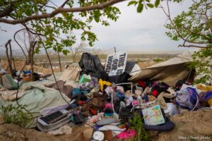 (Trent Nelson  |  The Salt Lake Tribune) The remains of a camp east of Victory Road in the foothills north of Salt Lake City on Wednesday, April 27, 2022.