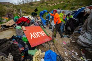 (Trent Nelson  |  The Salt Lake Tribune) The clearing of camps located east of Victory Road in the foothills north of Salt Lake City on Wednesday, April 27, 2022.