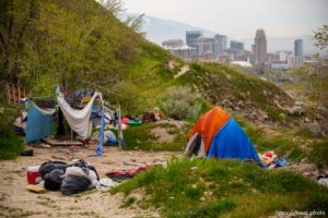 (Trent Nelson  |  The Salt Lake Tribune) The clearing of camps located east of Victory Road in the foothills north of Salt Lake City on Wednesday, April 27, 2022.