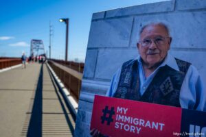 (Trent Nelson  |  The Salt Lake Tribune) A photograph of Archie Archuleta at a ceremony dedicating Archuleta Bridge in Salt Lake City on Friday, June 17, 2022. The bridge's name honors Archie and Lois Archuleta for their work 