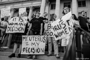 (Trent Nelson  |  The Salt Lake Tribune) People gather at the State Capitol in Salt Lake City to protest after the U.S. Supreme Court overruled Roe v. Wade, on Friday, June 24, 2022.