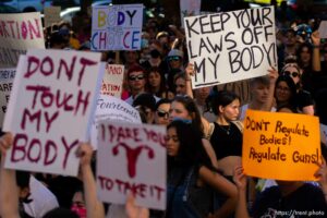 (Trent Nelson  |  The Salt Lake Tribune)  at a protest in Salt Lake City after the U.S. Supreme Court overruled Roe v. Wade, on Friday, June 24, 2022.