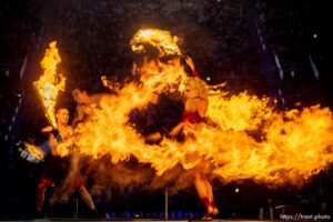 (Trent Nelson  |  The Salt Lake Tribune) Fire dancers perform at Stadium of Fire in Provo on Saturday, July 2, 2022.