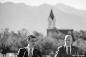(Trent Nelson  |  The Salt Lake Tribune) Transportation Secretary Pete Buttigieg at a press conference at the State Capitol in Salt Lake City. At right is Gov. Spencer Cox.