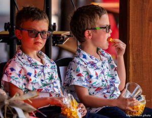 (Trent Nelson  |  The Salt Lake Tribune) Gov. Spencer Cox pilots the Zoofari Express Train at Hogle Zoo in Salt Lake City on Wednesday, Aug. 10, 2022. The event kicked off the Zoo’s east side expansion project to create an all Utah native animal exhibit, Aline W. Skaggs Wild Utah.