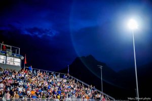 (Trent Nelson  |  The Salt Lake Tribune) Despite their home team trailing 0-50 in their first-ever football game, Water Canyon High School fans stick around until the final buzzer, in Hildale on Friday, Aug. 12, 2022.