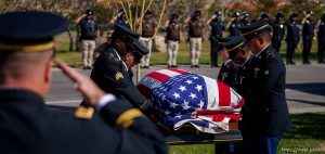 (Trent Nelson  |  The Salt Lake Tribune)  Sgt. Elvin Lee Phillips is laid to rest at Utah Veteran’s Cemetery and Memorial Park in Bluffdale on Tuesday, Oct. 11, 2022, almost 80 years after he was killed in action during World War II.