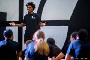(Trent Nelson  |  The Salt Lake Tribune) Utah Jazz guard Collin Sexton runs a basketball workshop for girls in Lehi on Thursday, Oct. 13, 2022.