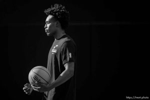 (Trent Nelson  |  The Salt Lake Tribune) Utah Jazz guard Collin Sexton runs a basketball workshop for girls in Lehi on Thursday, Oct. 13, 2022.