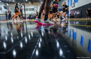 (Trent Nelson  |  The Salt Lake Tribune) Utah Jazz guard Collin Sexton runs a basketball workshop for girls in Lehi on Thursday, Oct. 13, 2022.
