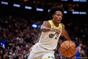 (Trent Nelson  |  The Salt Lake Tribune) Utah Jazz guard Collin Sexton (2) as the Utah Jazz host the Dallas Mavericks, NBA preseason basketball in Salt Lake City on Friday, Oct. 14, 2022.