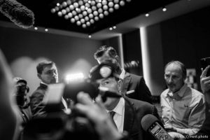 (Trent Nelson  |  The Salt Lake Tribune) Sen. Mike Lee speaks with media on election night at the Hyatt Regency in Salt Lake City on Tuesday, Nov. 8, 2022.
