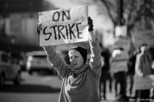 (Trent Nelson  |  The Salt Lake Tribune) Starbucks workers strike in front of 400 South Salt Lake City location as part of Red Cup Rebellion, taking place across the country on Thursday, Nov. 17, 2022. Cissly Jensen at center.