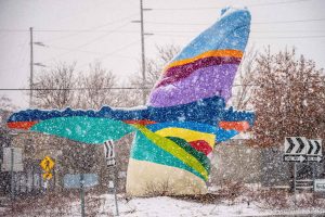 (Trent Nelson  |  The Salt Lake Tribune) Snow falls on the whale sculpture 