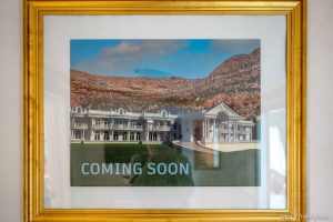 (Trent Nelson  |  The Salt Lake Tribune) A rendering of a mansion hangs in the foyer, or 