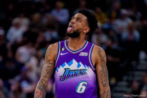 (Trent Nelson  |  The Salt Lake Tribune) Utah Jazz guard Nickeil Alexander-Walker (6) as the Utah Jazz host the Cleveland Cavaliers, NBA basketball in Salt Lake City on Tuesday, Jan. 10, 2023.