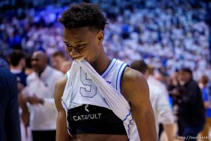 (Trent Nelson  |  The Salt Lake Tribune) Brigham Young Cougars guard Jaxson Robinson (2) as BYU hosts Gonzaga, NCAA basketball in Provo on Thursday, Jan. 12, 2023.