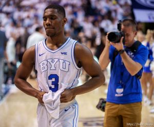 (Trent Nelson  |  The Salt Lake Tribune) Brigham Young Cougars guard Rudi Williams (3) reacts to the loss to Gonzaga, NCAA basketball in Provo on Thursday, Jan. 12, 2023.