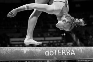 (Trent Nelson  |  The Salt Lake Tribune) Abby Paulson on the beam as Utah hosts Washington, NCAA gymnastics in Salt Lake City on Saturday, Jan. 28, 2023.