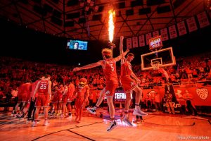(Trent Nelson  |  The Salt Lake Tribune) Utah Utes guard Jaxon Brenchley (5) and Utah Utes guard Lazar Stefanovic (20) as Utah hosts Colorado, NCAA basketball in Salt Lake City on Saturday, Feb. 11, 2023.
