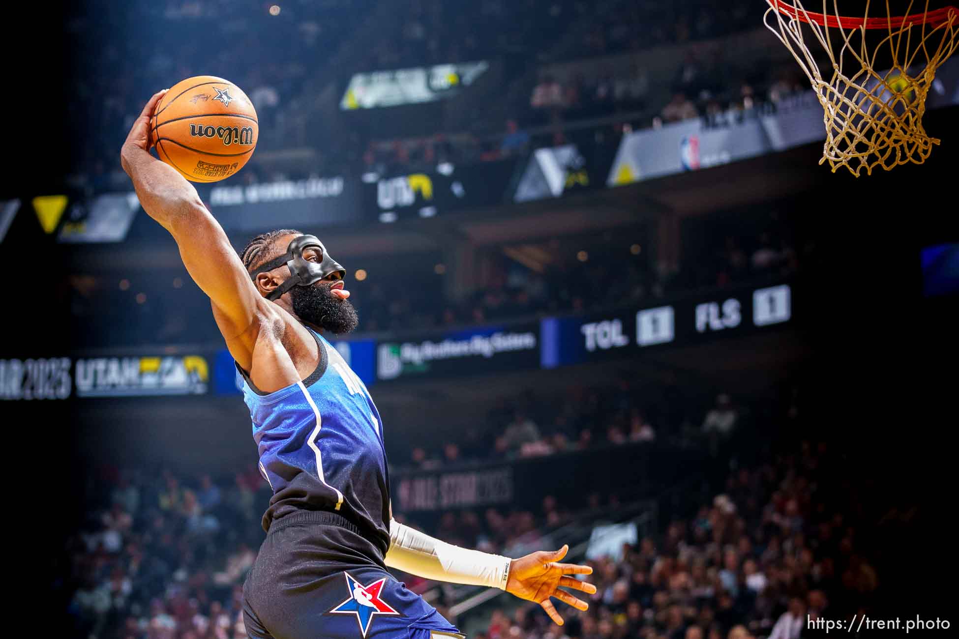 (Trent Nelson  |  The Salt Lake Tribune) Jaylen Brown dunks at the NBA All-Star game in Salt Lake City on Sunday, Feb. 19, 2023.