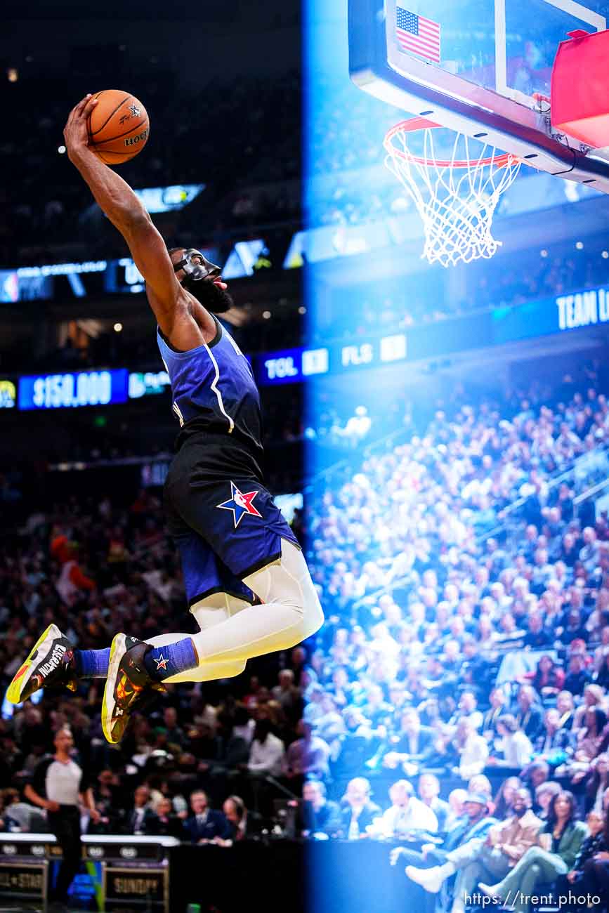 (Trent Nelson  |  The Salt Lake Tribune) Jaylen Brown dunks at the NBA All-Star game in Salt Lake City on Sunday, Feb. 19, 2023.