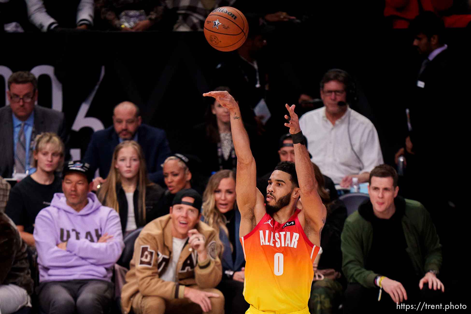 (Trent Nelson  |  The Salt Lake Tribune) Jayson Tatum shoots a three-pointer at the NBA All-Star game in Salt Lake City on Sunday, Feb. 19, 2023.