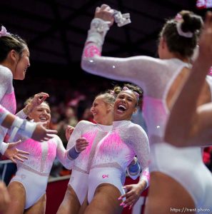 (Trent Nelson  |  The Salt Lake Tribune) Jaedyn Rucker celebrates a 10 on the vault as Utah hosts California, NCAA gymnastics in Salt Lake City on Friday, Feb. 24, 2023.