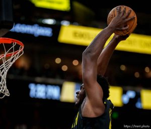 (Trent Nelson  |  The Salt Lake Tribune) Utah Jazz center Udoka Azubuike (20) as the Utah Jazz host the San Antonio Spurs, NBA basketball in Salt Lake City on Saturday, Feb. 25, 2023.