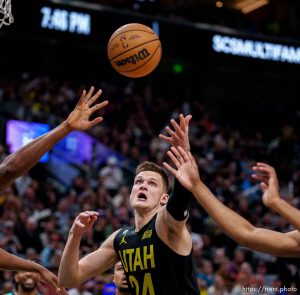 (Trent Nelson  |  The Salt Lake Tribune) Utah Jazz center Walker Kessler (24) reaches for the ball as the Utah Jazz host the San Antonio Spurs, NBA basketball in Salt Lake City on Saturday, Feb. 25, 2023.