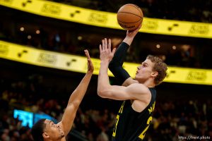 (Trent Nelson  |  The Salt Lake Tribune) Utah Jazz forward Lauri Markkanen (23) shoots as the Utah Jazz host the San Antonio Spurs, NBA basketball in Salt Lake City on Saturday, Feb. 25, 2023.
