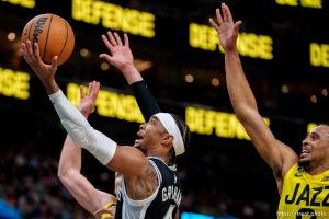 (Trent Nelson  |  The Salt Lake Tribune) San Antonio Spurs guard Devonte' Graham (4) as the Utah Jazz host the San Antonio Spurs, NBA basketball in Salt Lake City on Tuesday, Feb. 28, 2023.