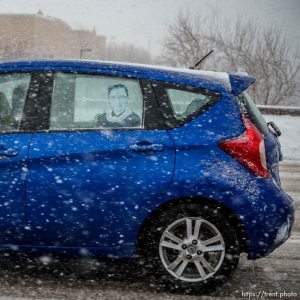 (Trent Nelson  |  The Salt Lake Tribune) Slow-moving traffic during a snowstorm on Interstate 15 on Tuesday, April 4, 2023.