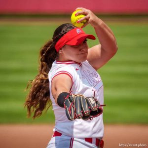 (Trent Nelson  |  The Salt Lake Tribune) Utah pitcher Mariah Lopez (8) as Utah's softball team faces Southern Illinois in the NCAA Tournament in Salt Lake City on Friday, May 19, 2023.