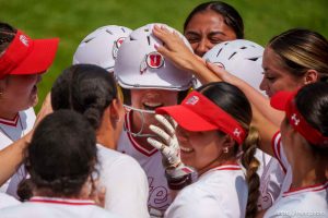(Trent Nelson  |  The Salt Lake Tribune) Utah infielder Karlie Davison (14) celebrates a home run in the first inning as Utah's softball team faces Southern Illinois in the NCAA Tournament in Salt Lake City on Friday, May 19, 2023.