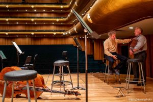 (Trent Nelson  |  The Salt Lake Tribune) Thierry Fischer with David Green, COO, before conducting a rehearsal of the Utah Symphony at Abravanel Hall in Salt Lake City on Wednesday, May 24, 2023.