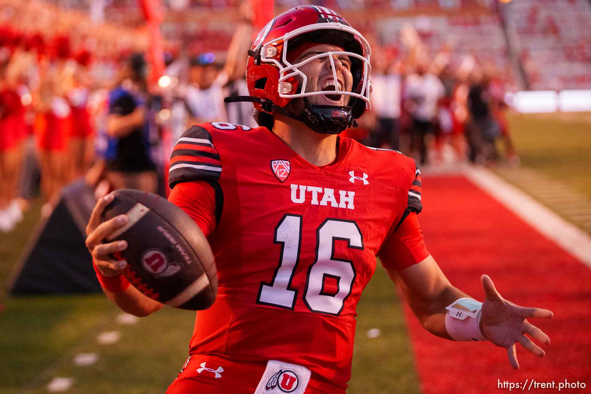 (Trent Nelson  |  The Salt Lake Tribune) Utah Utes quarterback Bryson Barnes (16) scores a touchdown as the Utah Utes host the Florida Gators, NCAA football in Salt Lake City on Thursday, Aug. 31, 2023.
