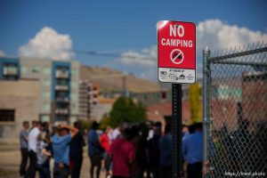 (Trent Nelson  |  The Salt Lake Tribune) A no camping sign as the site of a future legal homeless camp is announced in Salt Lake City on Thursday, Sept. 14, 2023.
