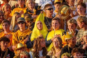 (Trent Nelson  |  The Salt Lake Tribune) Fans during National Anthem, Brighton hosts East, high school football in Cottonwood Heights on Friday, Sept. 22, 2023.
